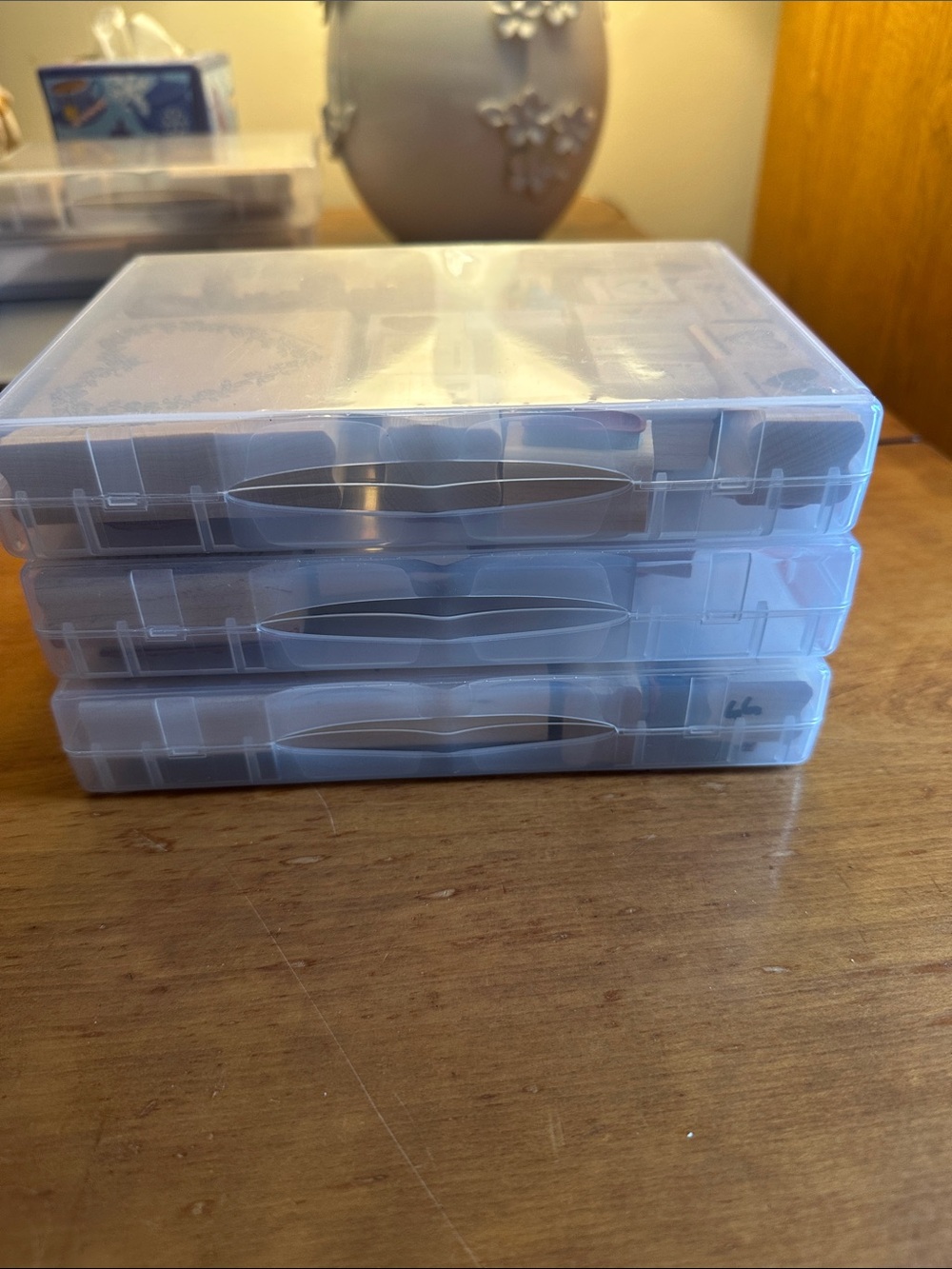 Stampin Up holiday stamps in Clear Stackable Plastic Storage Box